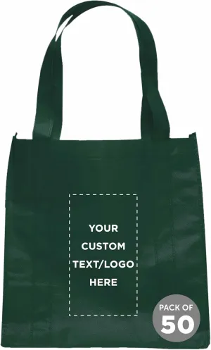 DISCOUNT PROMOS Custom Reusable Grocery Tote Bag for Shopping - 50 Pack - Personalized Logo, Text -Small Foldable Bags  Forest Green - 12.625"X13"X8.75"