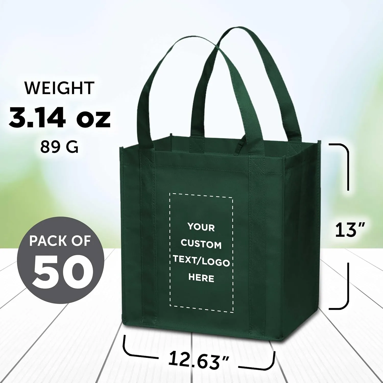 DISCOUNT PROMOS Custom Reusable Grocery Tote Bag for Shopping - 50 Pack - Personalized Logo, Text -Small Foldable Bags  Forest Green - 12.625"X13"X8.75"