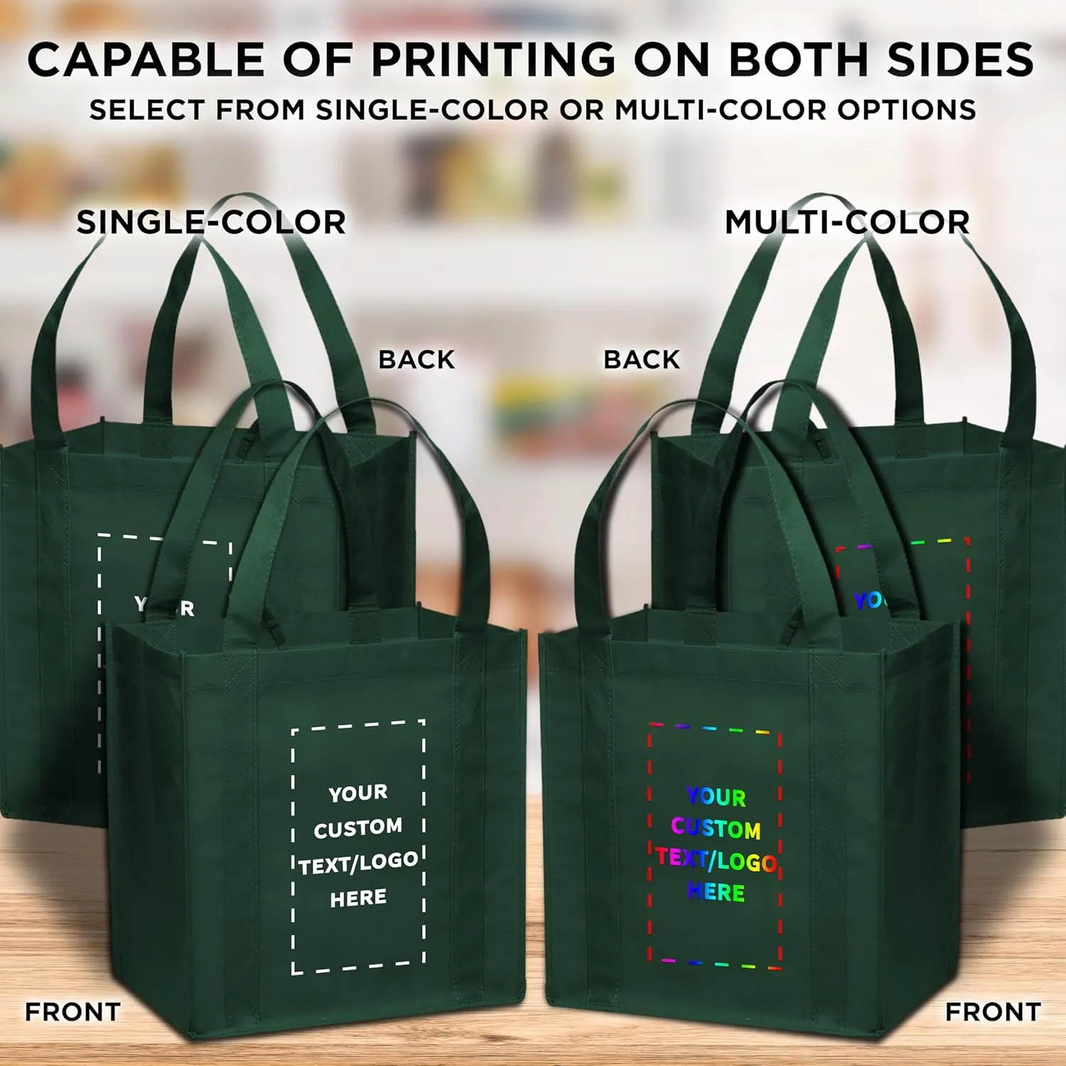 DISCOUNT PROMOS Custom Reusable Grocery Tote Bag for Shopping - 50 Pack - Personalized Logo, Text -Small Foldable Bags  Forest Green - 12.625"X13"X8.75"