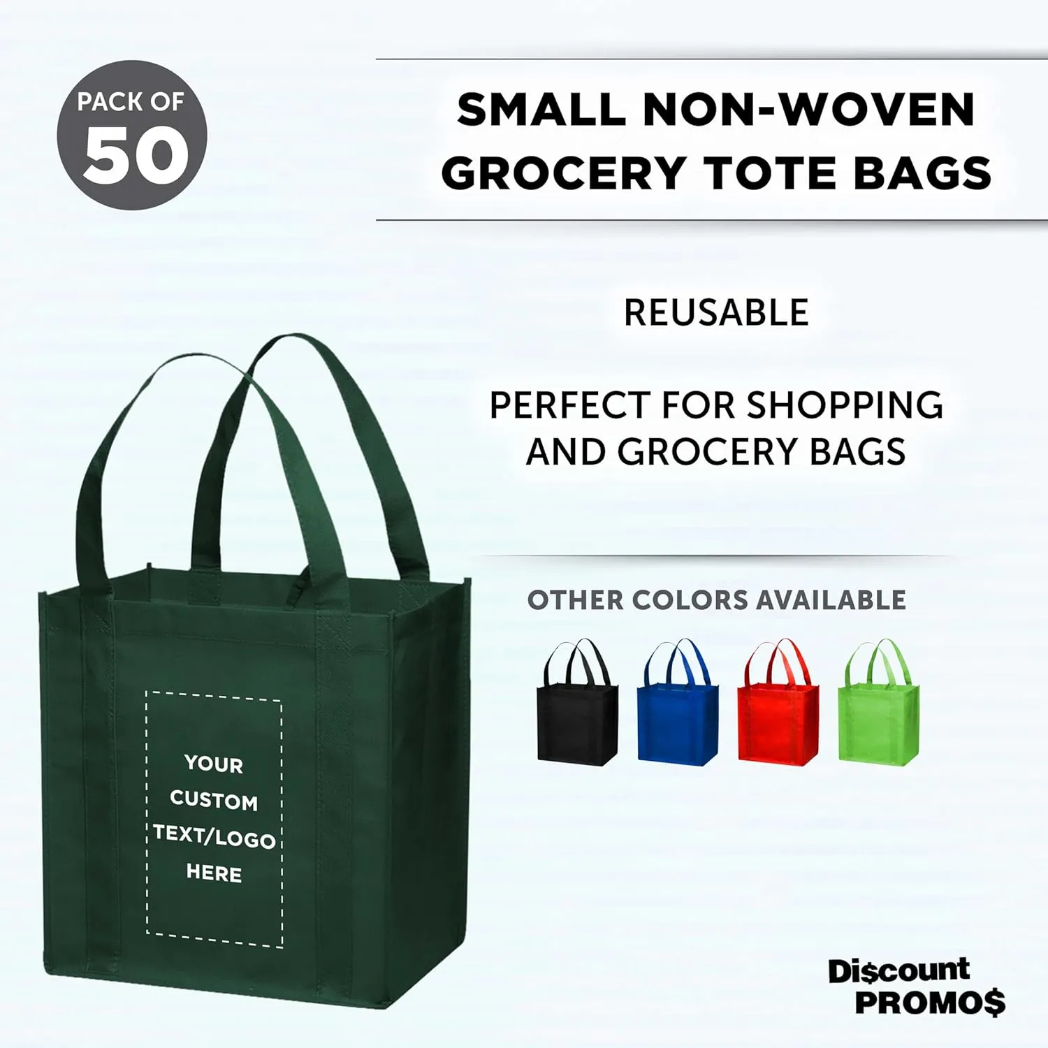DISCOUNT PROMOS Custom Reusable Grocery Tote Bag for Shopping - 50 Pack - Personalized Logo, Text -Small Foldable Bags  Forest Green - 12.625"X13"X8.75"