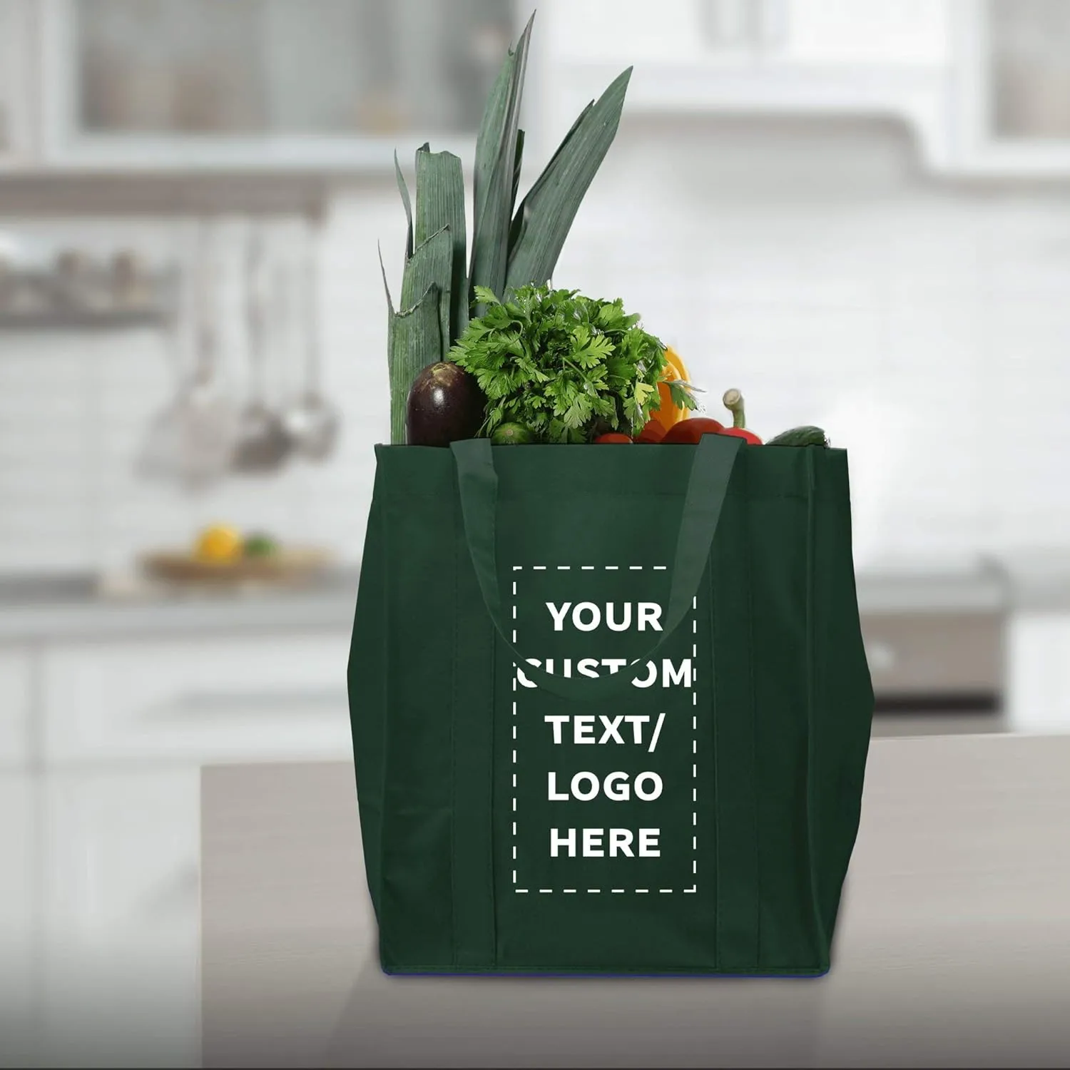 DISCOUNT PROMOS Custom Reusable Grocery Tote Bag for Shopping - 50 Pack - Personalized Logo, Text -Small Foldable Bags  Forest Green - 12.625"X13"X8.75"