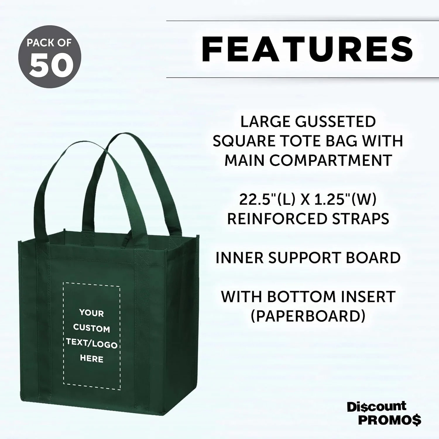 DISCOUNT PROMOS Custom Reusable Grocery Tote Bag for Shopping - 50 Pack - Personalized Logo, Text -Small Foldable Bags  Forest Green - 12.625"X13"X8.75"