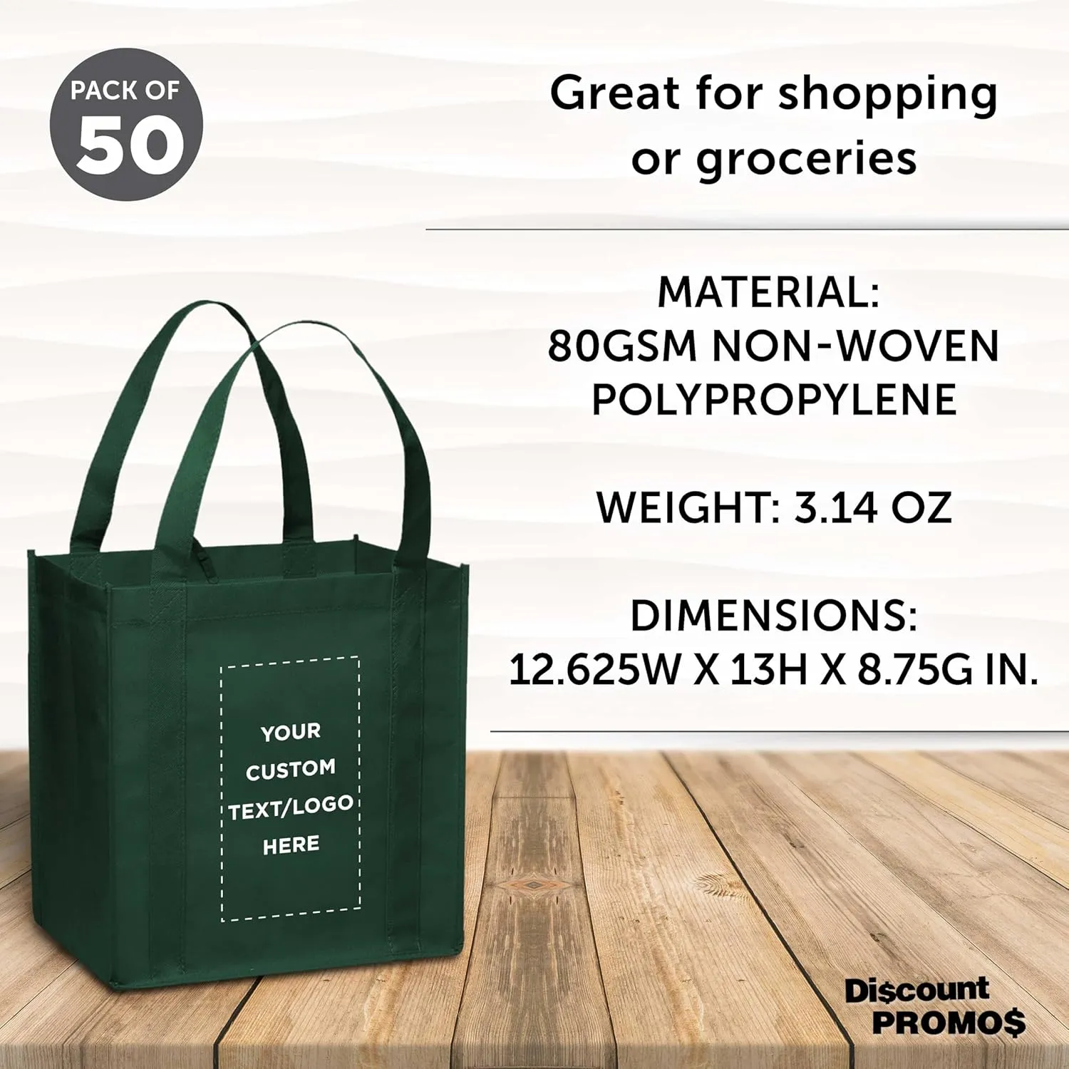 DISCOUNT PROMOS Custom Reusable Grocery Tote Bag for Shopping - 50 Pack - Personalized Logo, Text -Small Foldable Bags  Forest Green - 12.625"X13"X8.75"