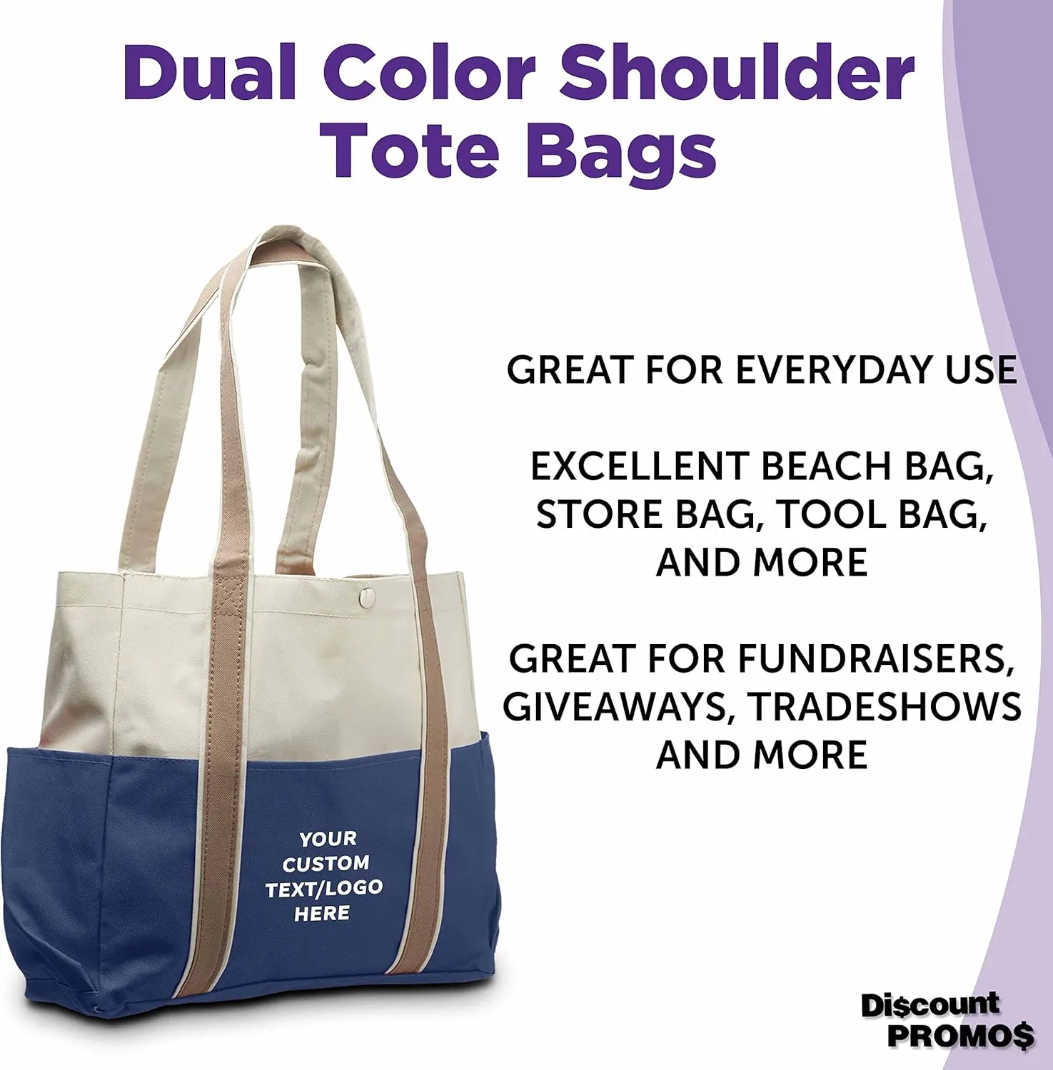 Dual Color Shoulder Tote Bags Set of 6, Bulk Pack - Cool Modern Design, Perfect For Everyday Use - Blue