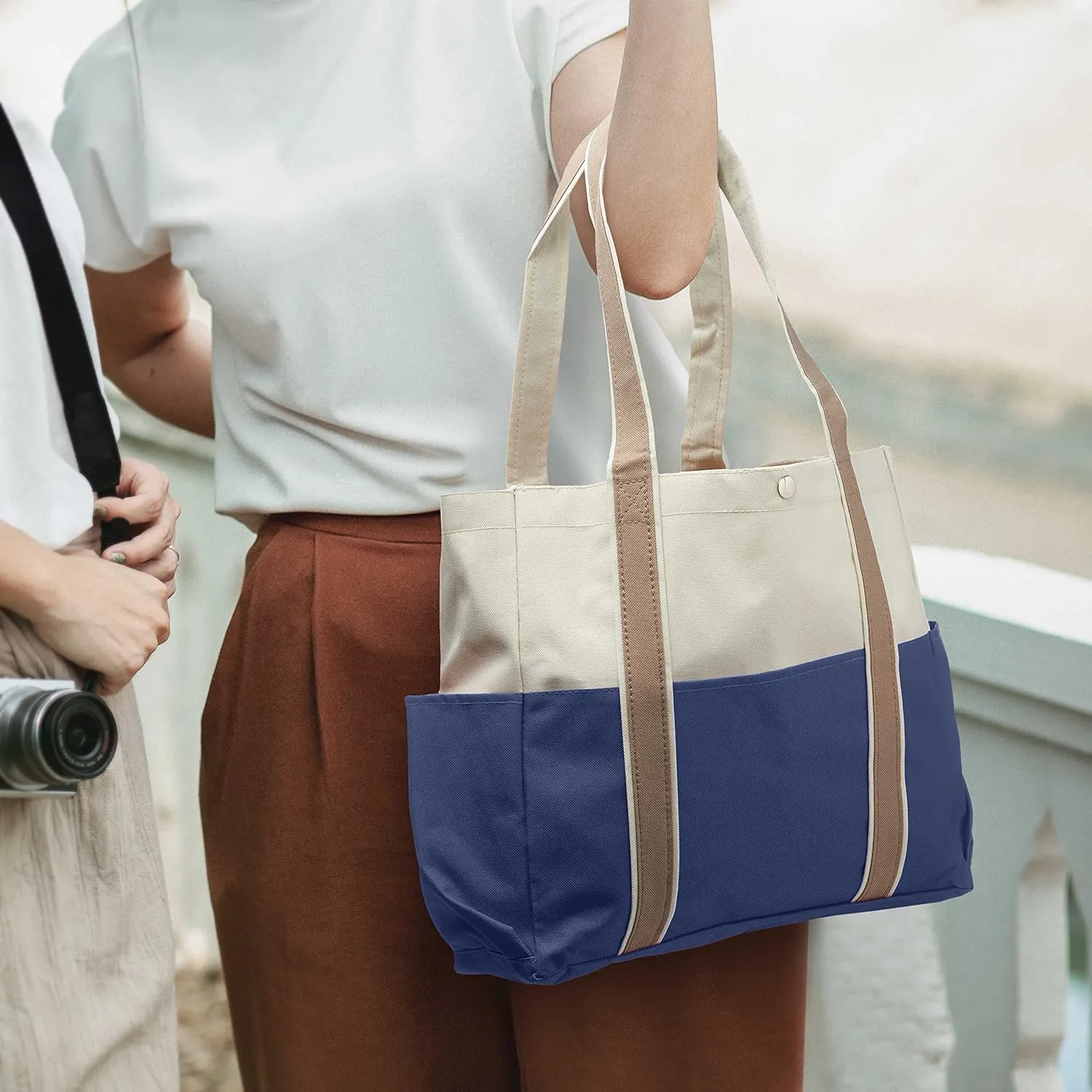 Dual Color Shoulder Tote Bags Set of 6, Bulk Pack - Cool Modern Design, Perfect For Everyday Use - Blue