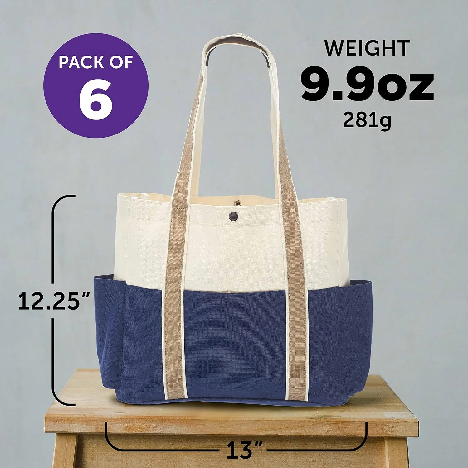Dual Color Shoulder Tote Bags Set of 6, Bulk Pack - Cool Modern Design, Perfect For Everyday Use - Blue