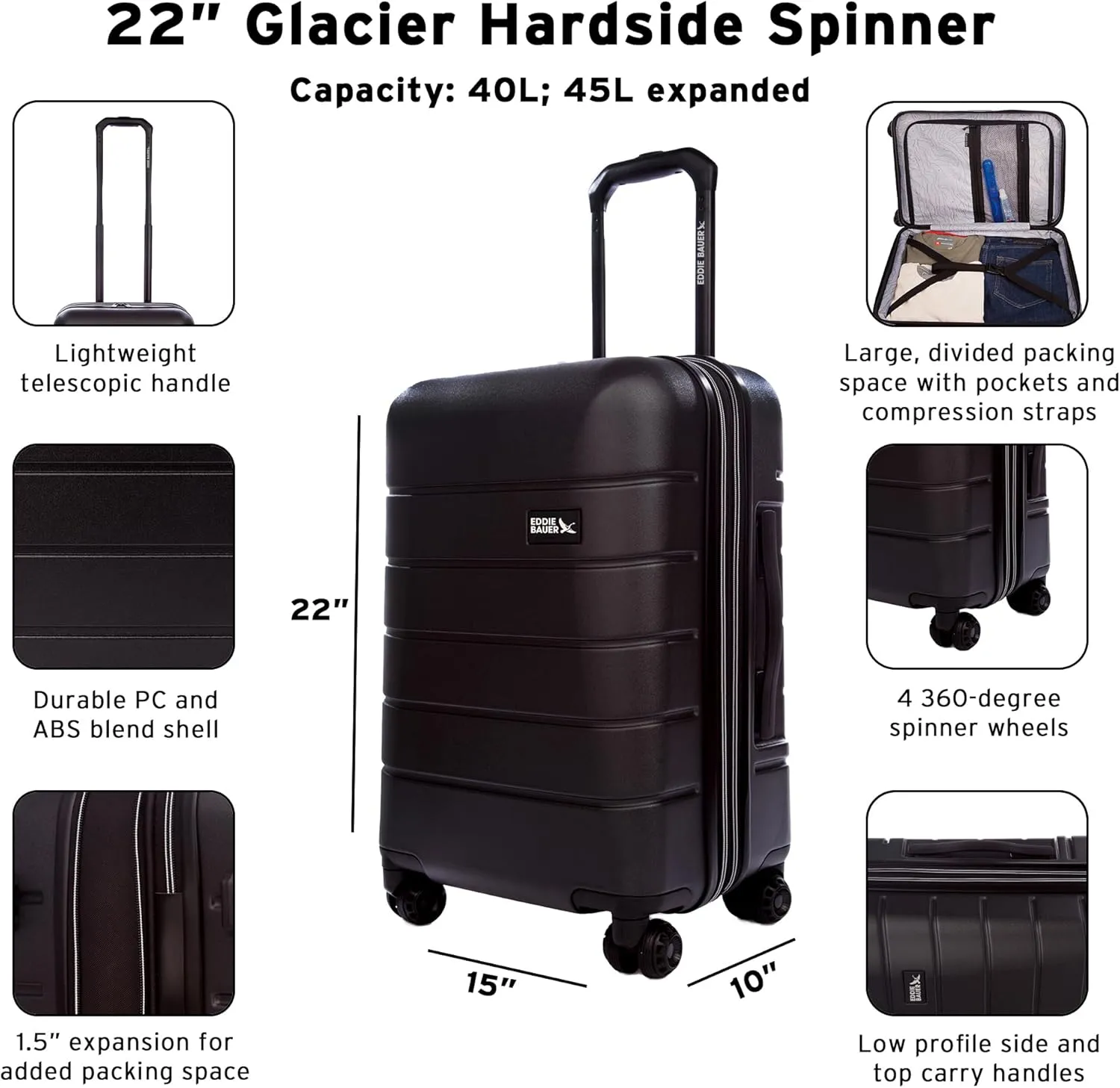 Eddie Bauer Glacier Luggage | Hardside | Spinner Wheels Expandable | Lightweight | Durable, Carbon, 22" (Carry-On)