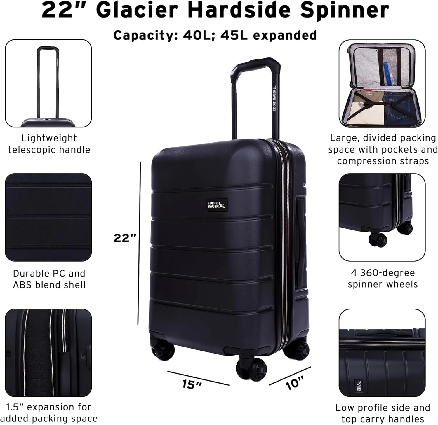 Eddie Bauer Glacier Luggage | Hardside Spinner Wheels | Expandable | Lightweight | Durable, Storm, 22" (Carry-On)