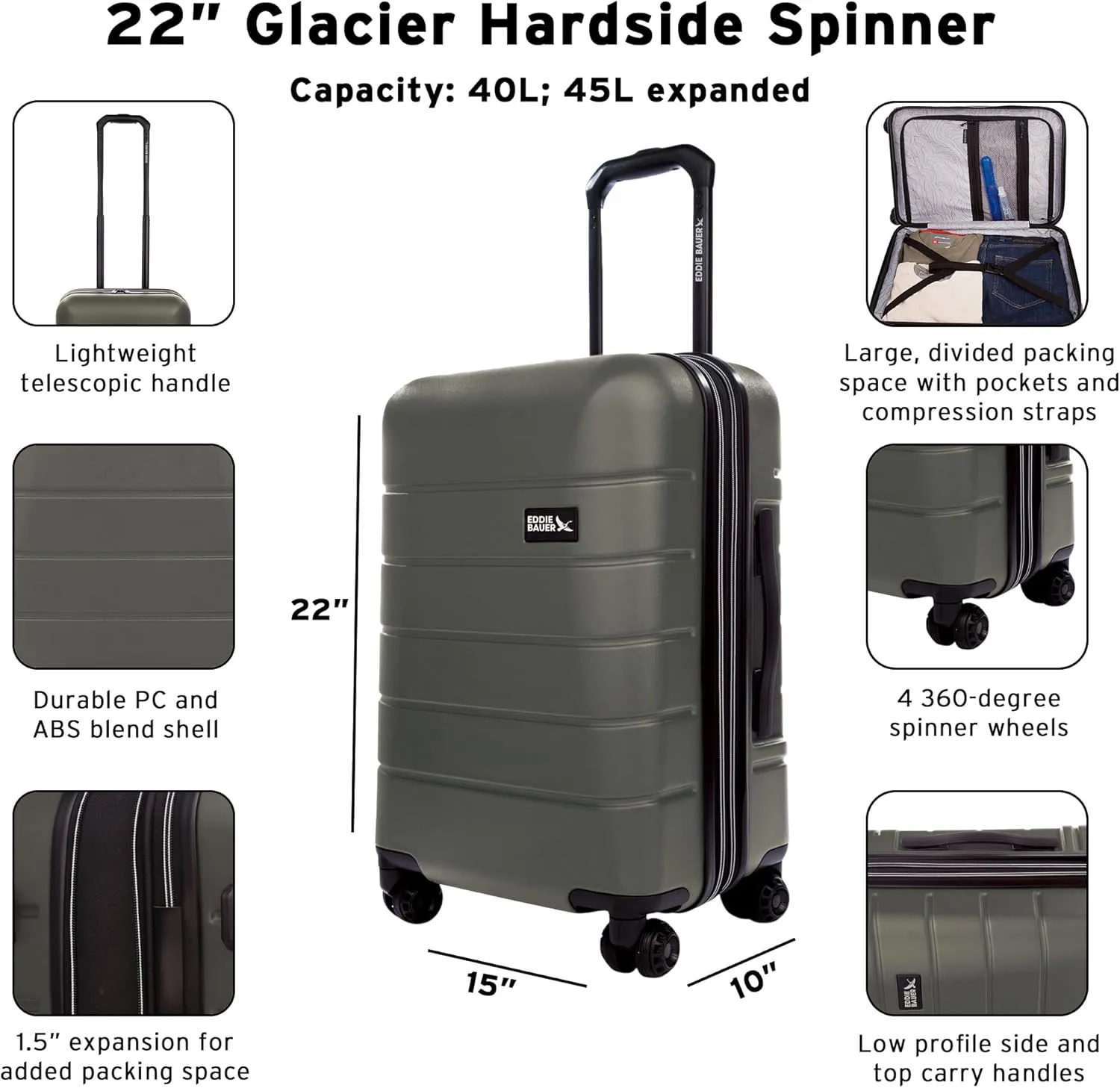 Eddie Bauer Glacier Luggage Set | Hardside | Spinner Wheels | Expandable | Lightweight | Durable | Travel, Sprig, 22" (Carry-On)