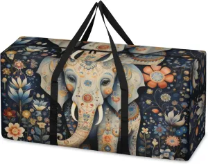 Ethnic Elephant Extra Large Moving Bags Heavy Duty Storage Bags Retro Elephant Cloth Wrap Around Handles Double Zipper Reusable Convenient Foldable Storage Tote for Travel Camping Space Save