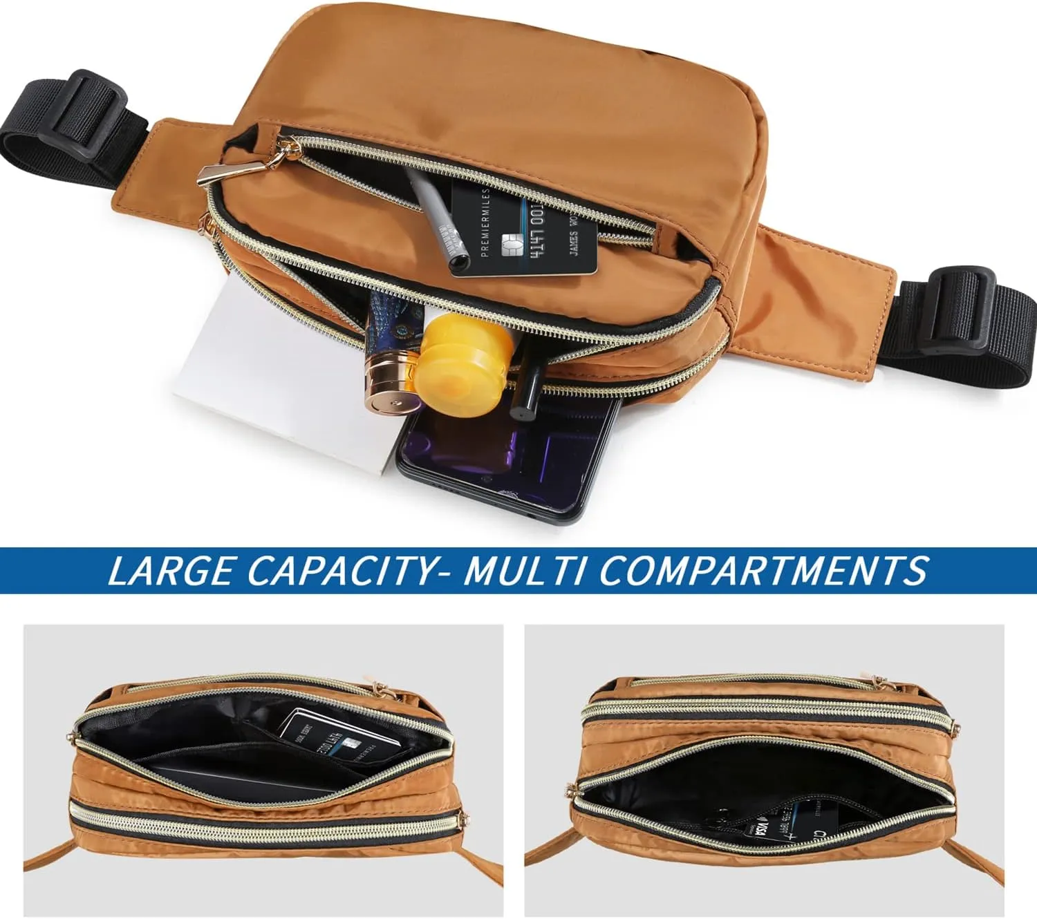 Fanny Packs for Women Men Fashion Plus Size Waist Pack Belt Bag Fanny Pack for Girls Boys with 5 Pockets Adjustable Belt, Cute Bum Bag Hip Bags for Travel Disney Running (Brown Fanny Pack)