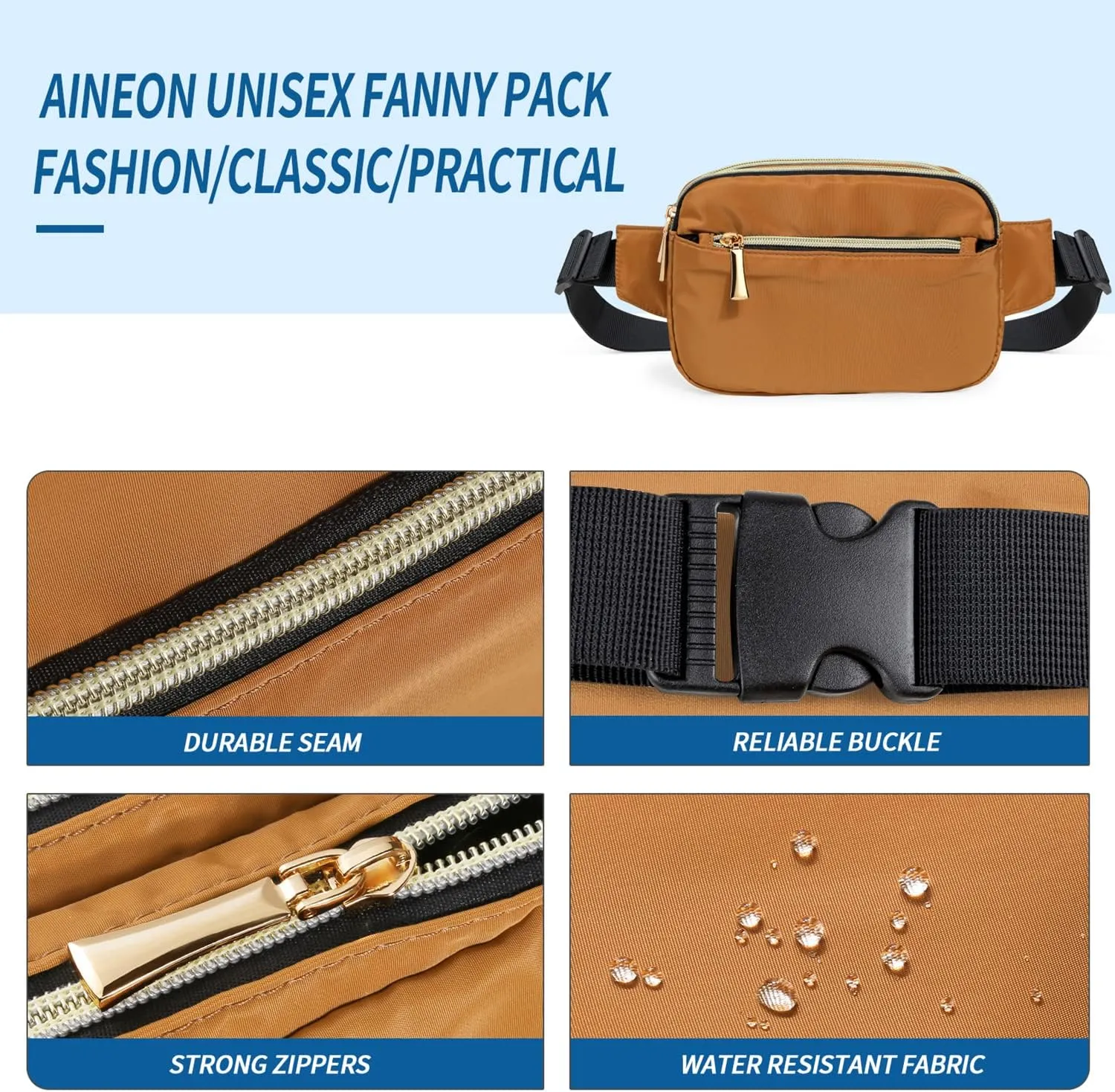 Fanny Packs for Women Men Fashion Plus Size Waist Pack Belt Bag Fanny Pack for Girls Boys with 5 Pockets Adjustable Belt, Cute Bum Bag Hip Bags for Travel Disney Running (Brown Fanny Pack)