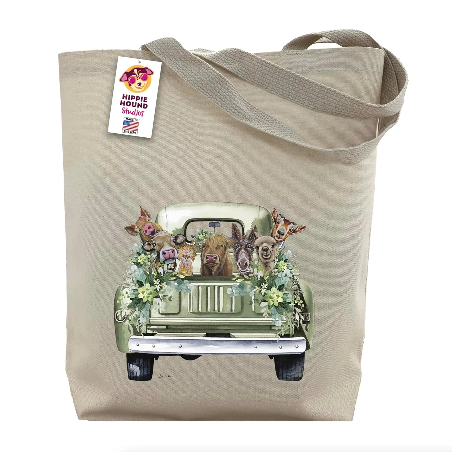 Farm Animals in Vintage Truck Tote Bag - Pig, Cow, Donkey, Alpaca, Chicken and Goat Tote - Farm Animal Lover Gift - Farm Animals Handmade Totes - Funny Farm Animals Canvas Totes - Cute P Reusable Shopping Bag - Gifts for Mom - Hippie Hound Studios - Made