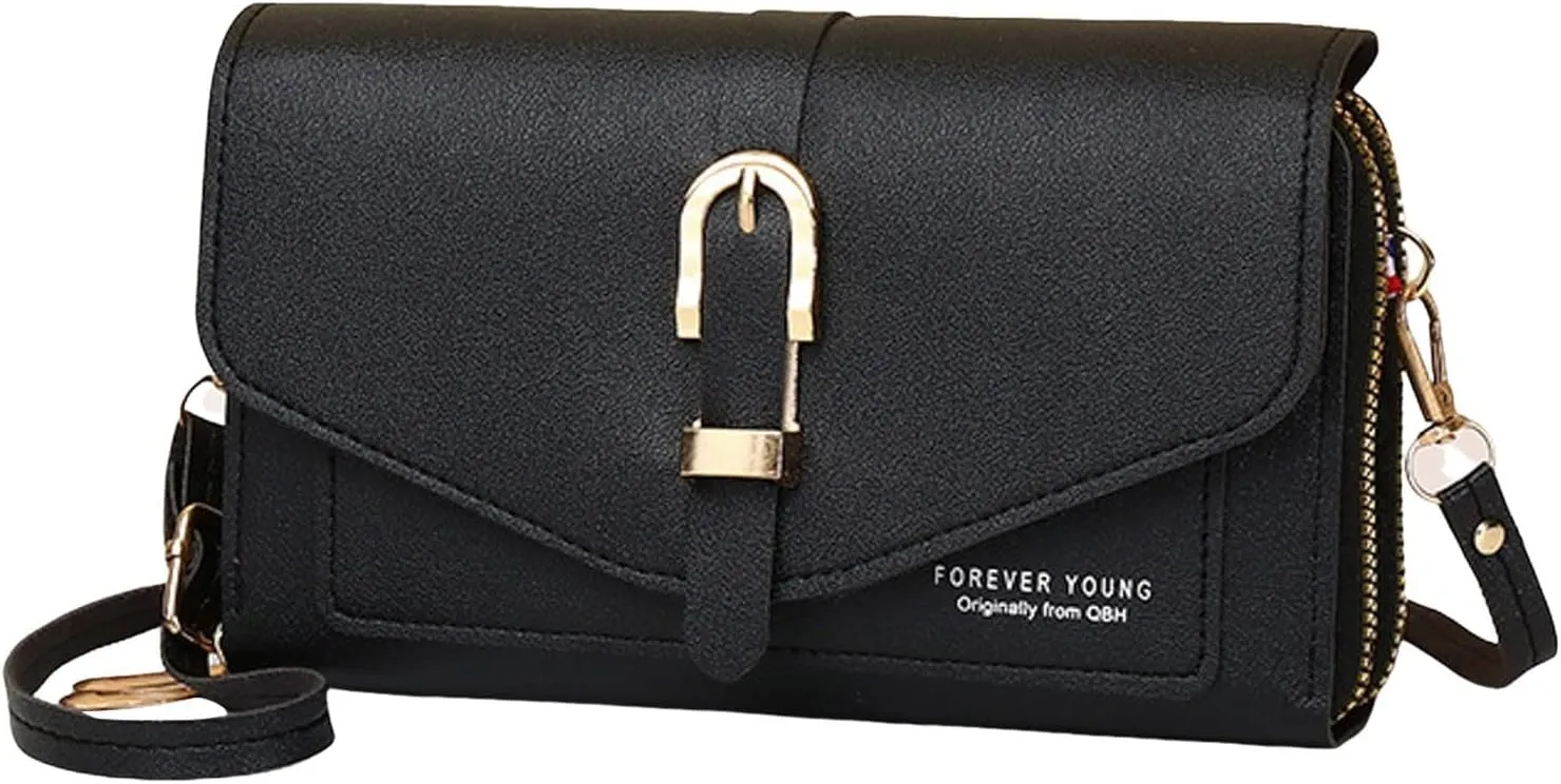 Fashion Classic Women's Mobile Phone Bags Snap Button Hood One Shoulder Double Layer Wallet Crossbody (Black, One Size)
