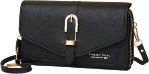 Fashion Classic Women's Mobile Phone Bags Snap Button Hood One Shoulder Double Layer Wallet Crossbody (Black, One Size)
