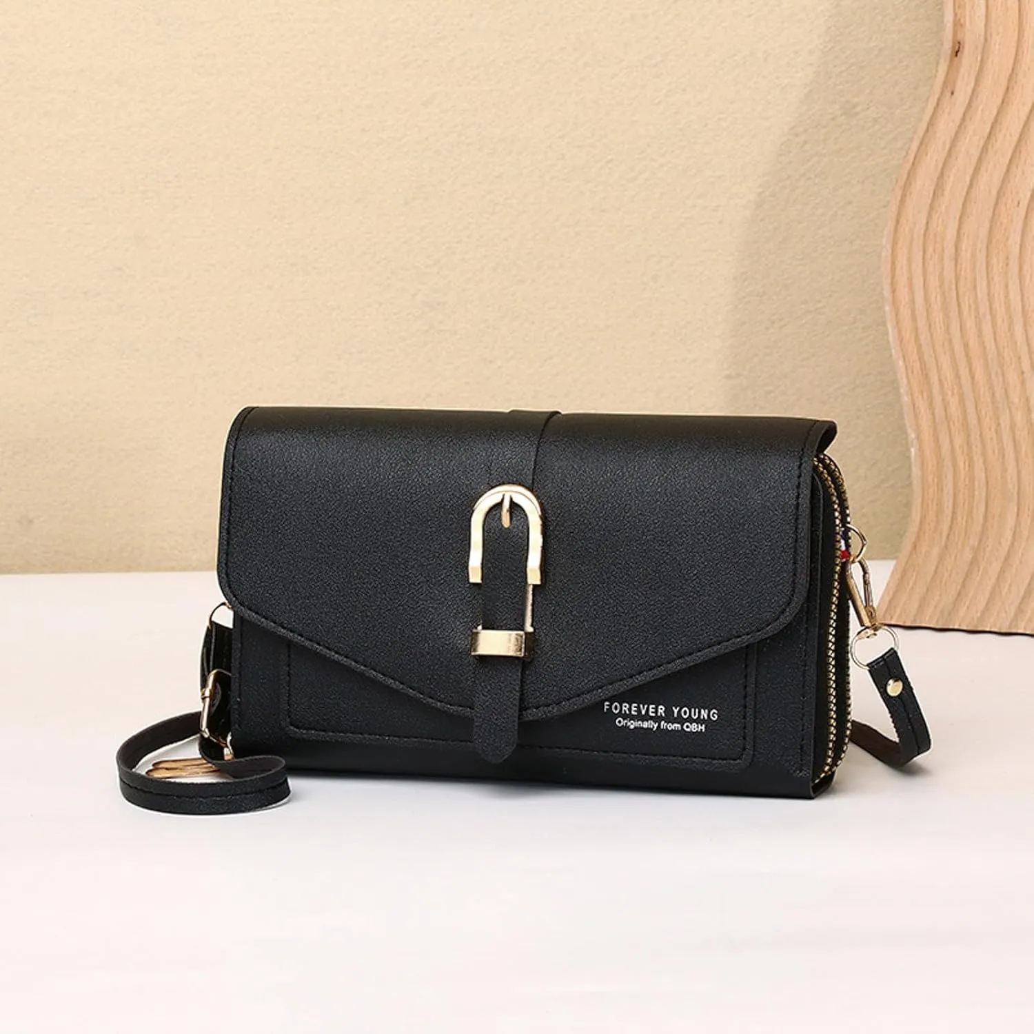 Fashion Classic Women's Mobile Phone Bags Snap Button Hood One Shoulder Double Layer Wallet Crossbody (Black, One Size)