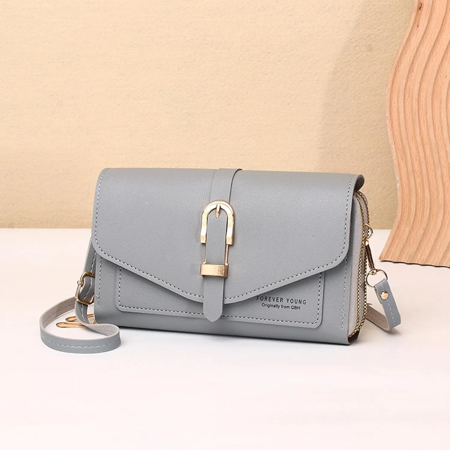 Fashion Classic Women's Mobile Phone Bags Snap Button Hood One Shoulder Double Layer Wallet Crossbody (Grey, One Size)