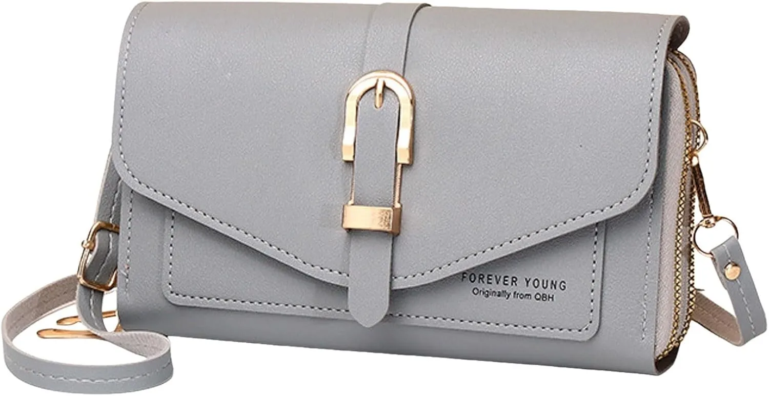 Fashion Classic Women's Mobile Phone Bags Snap Button Hood One Shoulder Double Layer Wallet Crossbody (Grey, One Size)