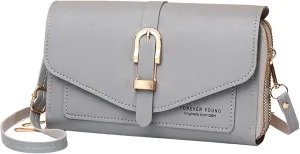 Fashion Classic Women's Mobile Phone Bags Snap Button Hood One Shoulder Double Layer Wallet Crossbody (Grey, One Size)