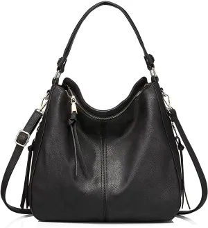 Faux Leather Women Handbags Shoulder Hobo Bag Purse With Long Strap, Black