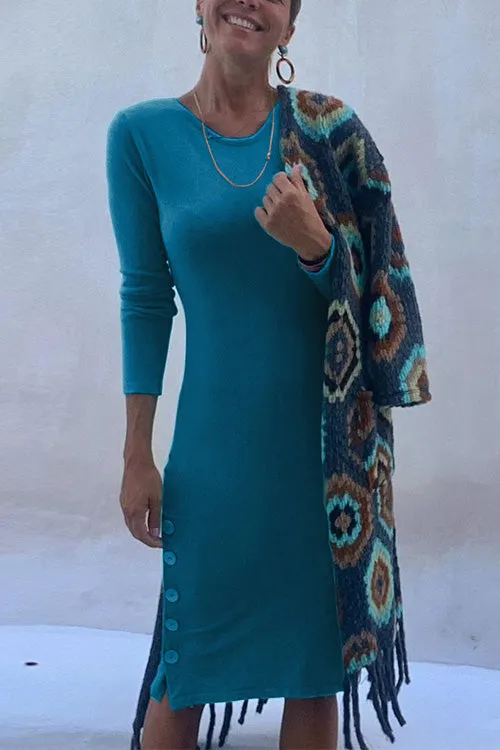 Febedress Crewneck Long Sleeve Buttons Cozy Dresses