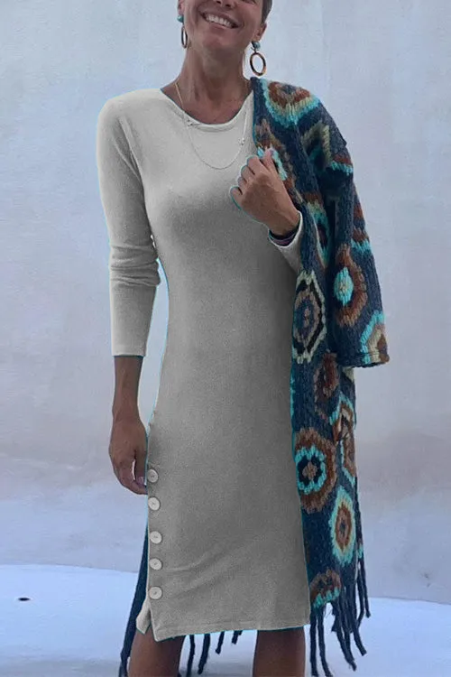 Febedress Crewneck Long Sleeve Buttons Cozy Dresses