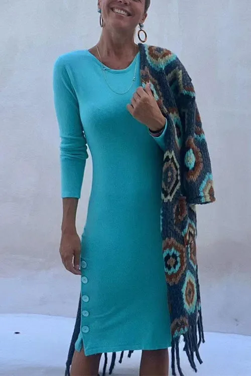 Febedress Crewneck Long Sleeve Buttons Cozy Dresses
