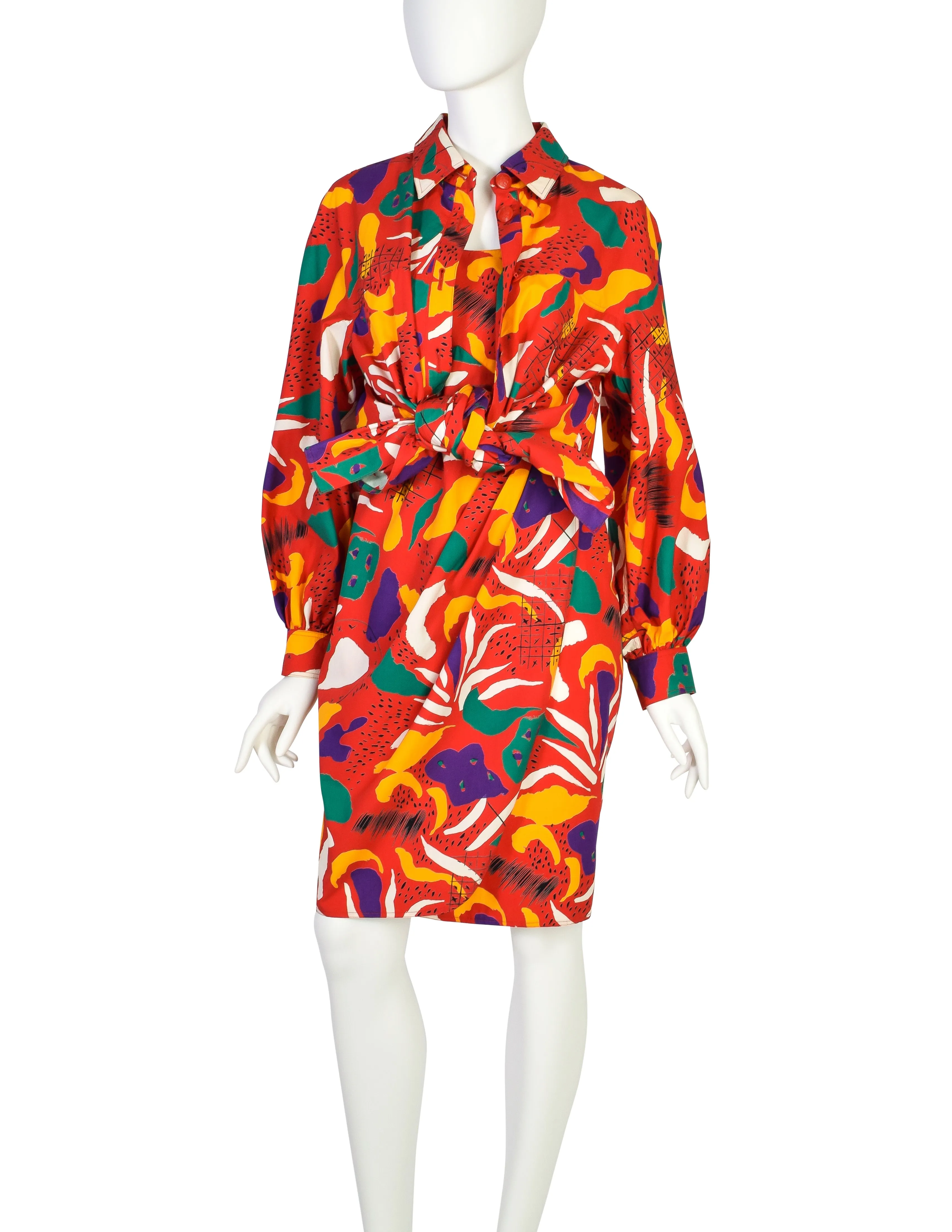Fendi Vintage Red Multicolor Graphic Cotton Sundress and Shirt Jacket Ensemble Set