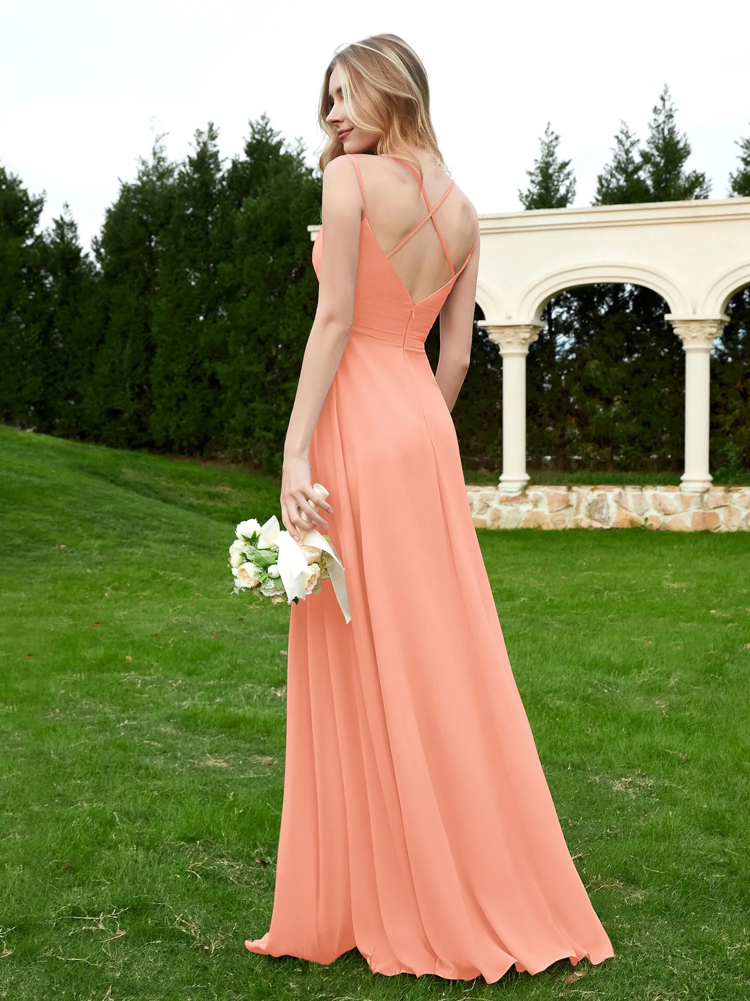 Floor Length V Neck Chiffon Bridesmaid Gown Coral