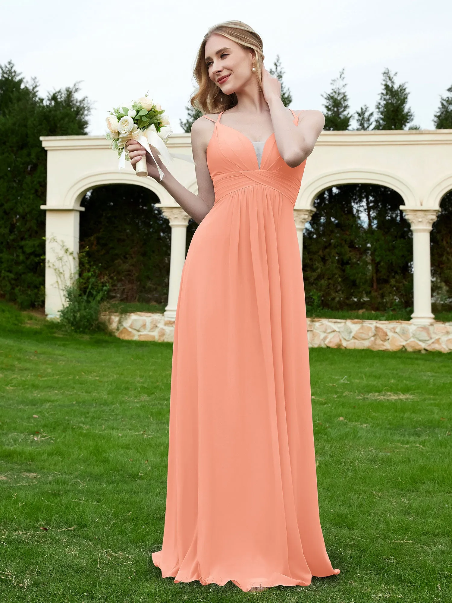 Floor Length V Neck Chiffon Bridesmaid Gown Coral