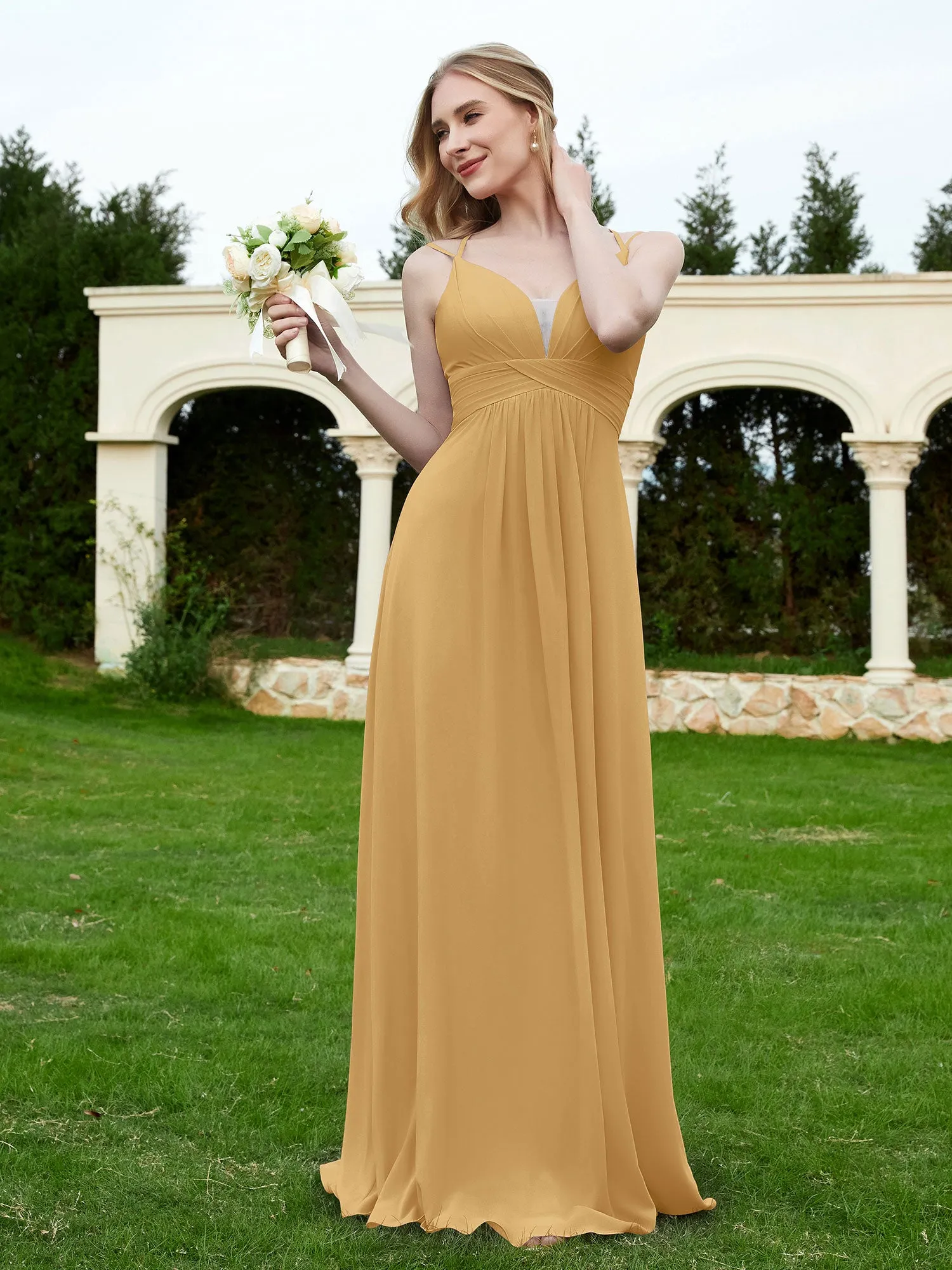 Floor Length V Neck Chiffon Bridesmaid Gown Gold