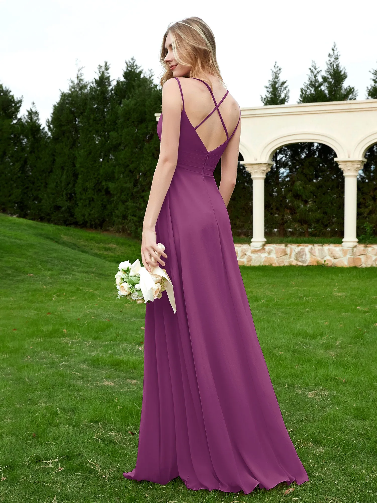 Floor Length V Neck Chiffon Bridesmaid Gown Orchid