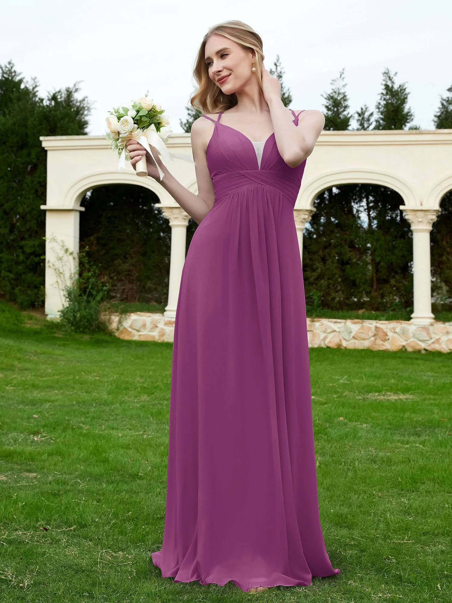 Floor Length V Neck Chiffon Bridesmaid Gown Orchid