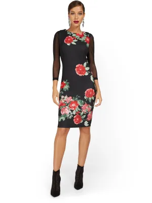 Floral-Print Mesh-Detail Sheath Dress