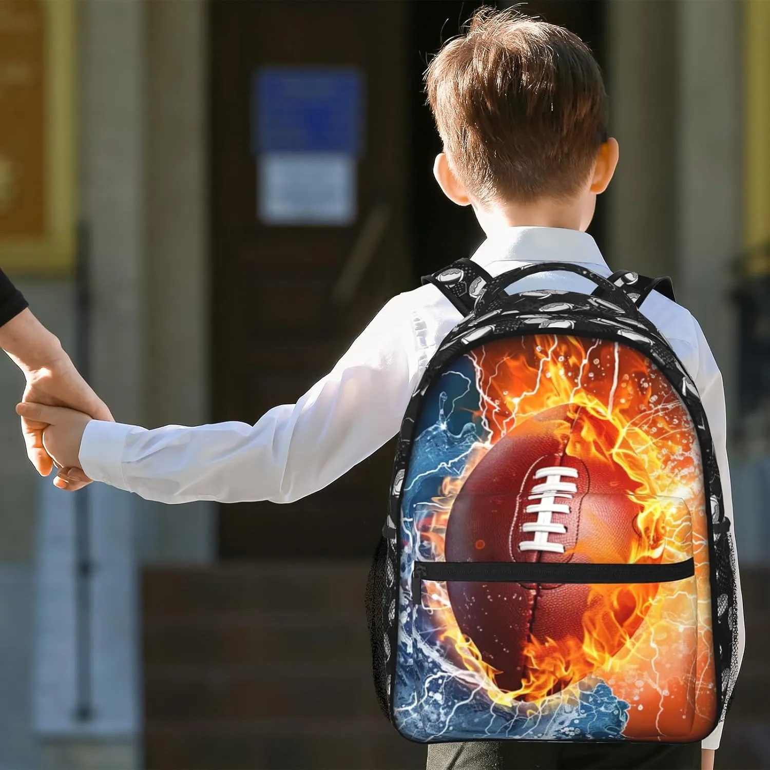 Football Backpack for Boys & Girls Water Fire Football Backpack for Kids School Bag Lightweight Waterproof Adjustable Bookbag for Children Teens Gamer Travel Daypack