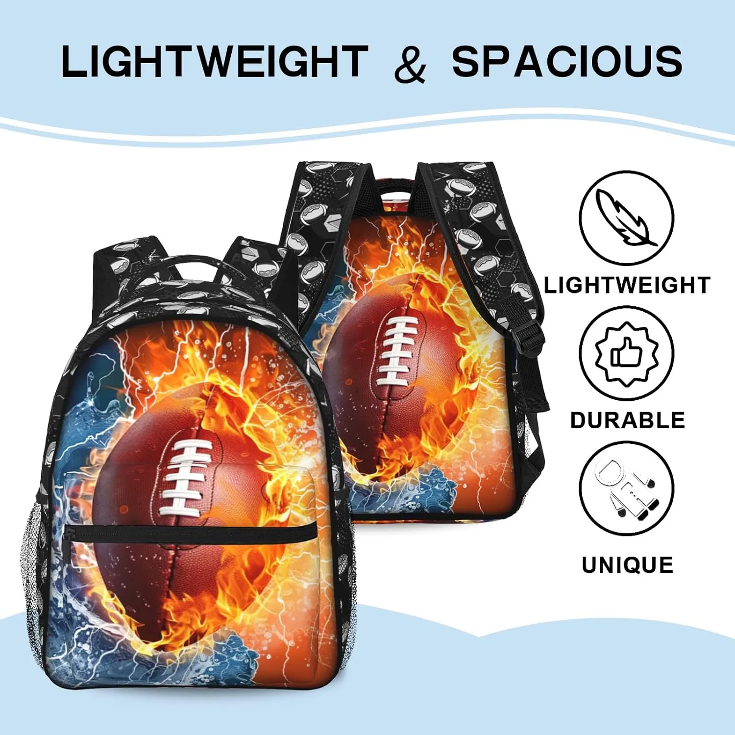 Football Backpack for Boys & Girls Water Fire Football Backpack for Kids School Bag Lightweight Waterproof Adjustable Bookbag for Children Teens Gamer Travel Daypack