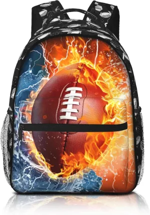 Football Backpack for Boys & Girls Water Fire Football Backpack for Kids School Bag Lightweight Waterproof Adjustable Bookbag for Children Teens Gamer Travel Daypack