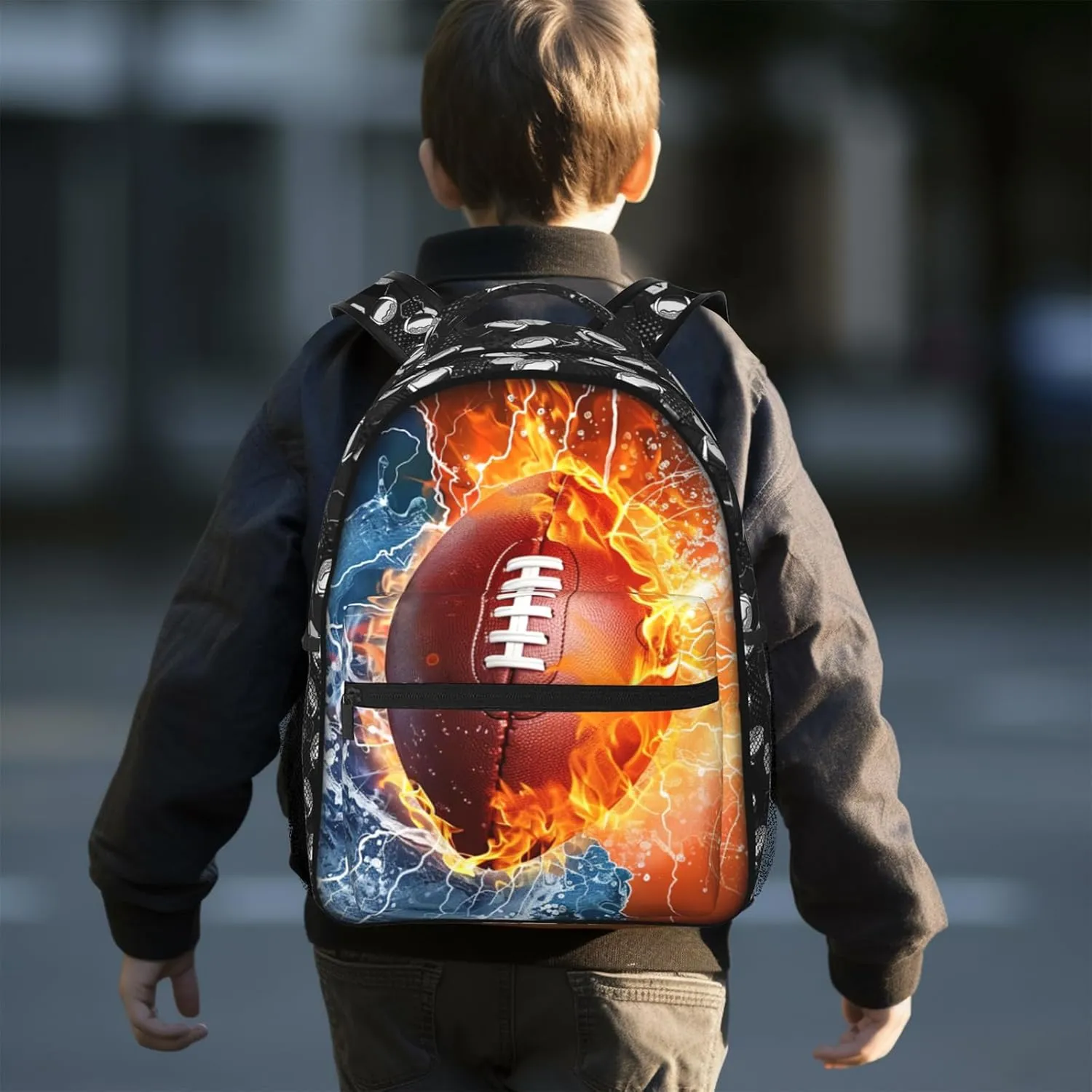 Football Backpack for Boys & Girls Water Fire Football Backpack for Kids School Bag Lightweight Waterproof Adjustable Bookbag for Children Teens Gamer Travel Daypack