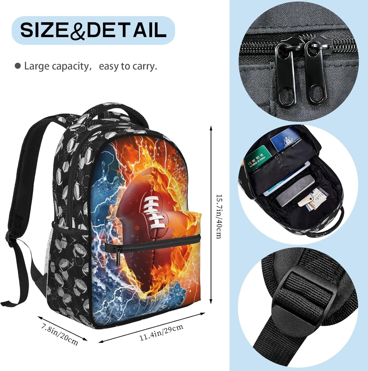 Football Backpack for Boys & Girls Water Fire Football Backpack for Kids School Bag Lightweight Waterproof Adjustable Bookbag for Children Teens Gamer Travel Daypack