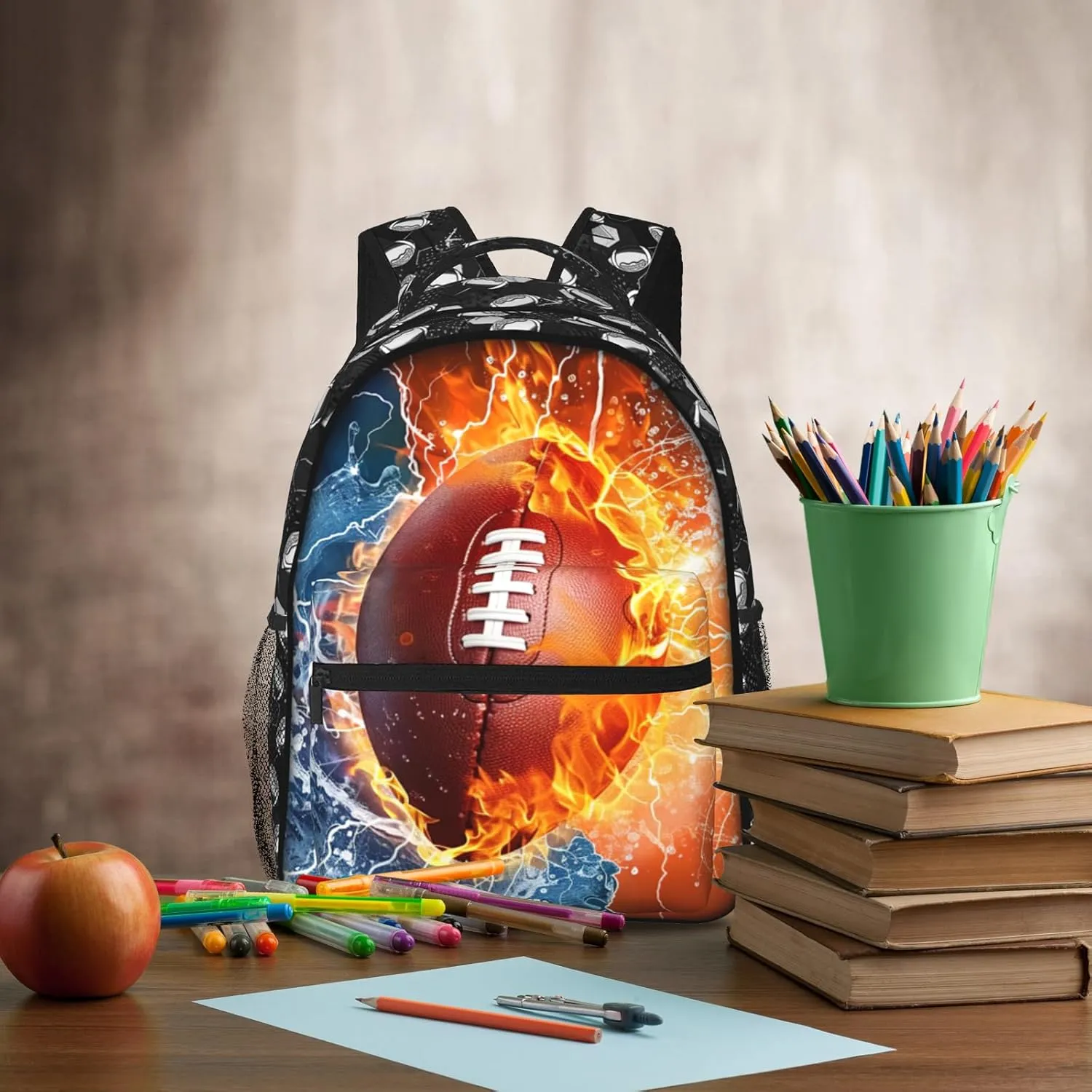 Football Backpack for Boys & Girls Water Fire Football Backpack for Kids School Bag Lightweight Waterproof Adjustable Bookbag for Children Teens Gamer Travel Daypack