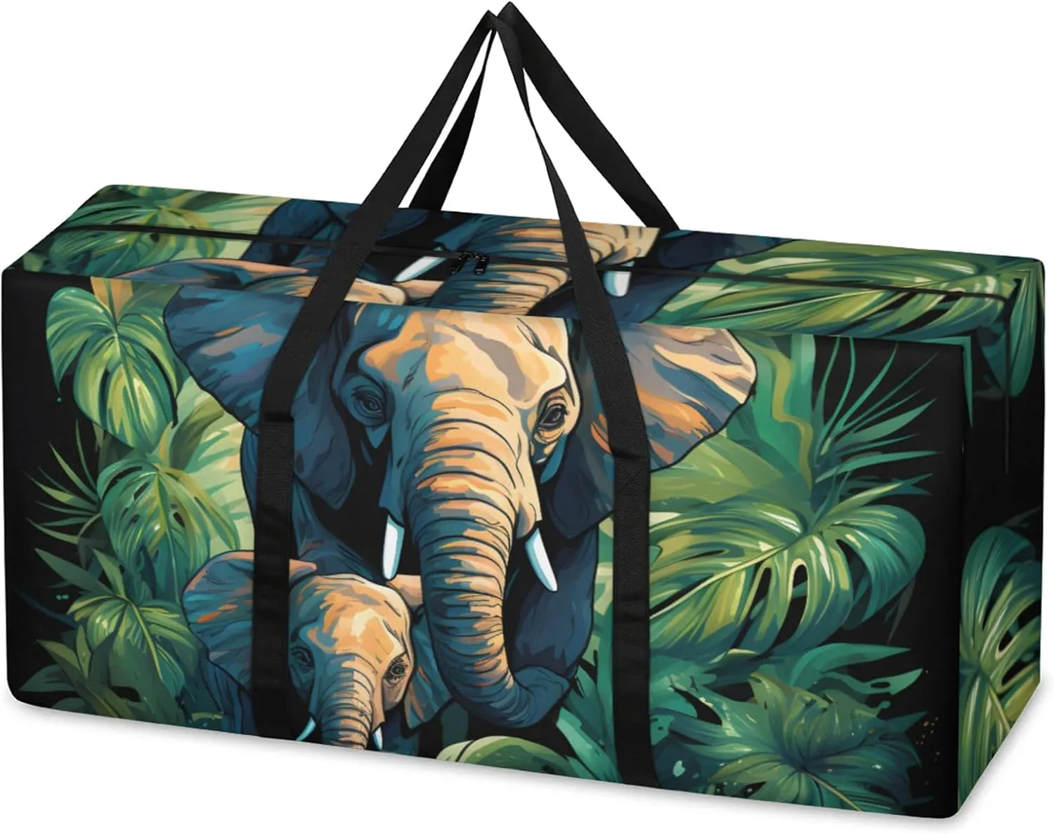 Forest Elephant Extra Large Moving Bags Heavy Duty Storage Bags Cartoon Elephant Cloth Wrap Around Handles Double Zipper Reusable Convenient Foldable Storage Tote for Travel Camping Space Save