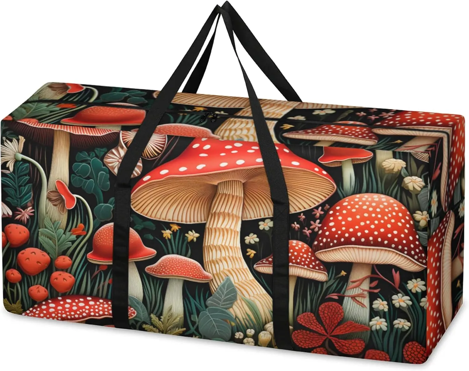 Forest Mushrooms Extra Large Moving Bags Heavy Duty Storage Bags Colorful Mushrooms Cloth Wrap Around Handles Double Zipper Reusable Convenient Foldable Storage Tote for Travel Camping Space Save