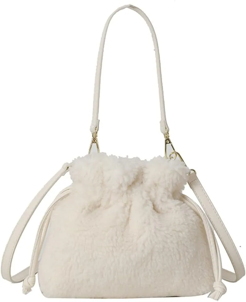 Fuzzy Plush Purse for Women Trendy Bucket Handbag Small Shoulder Crossbody Totes Cute Evening Bag with Drawstring