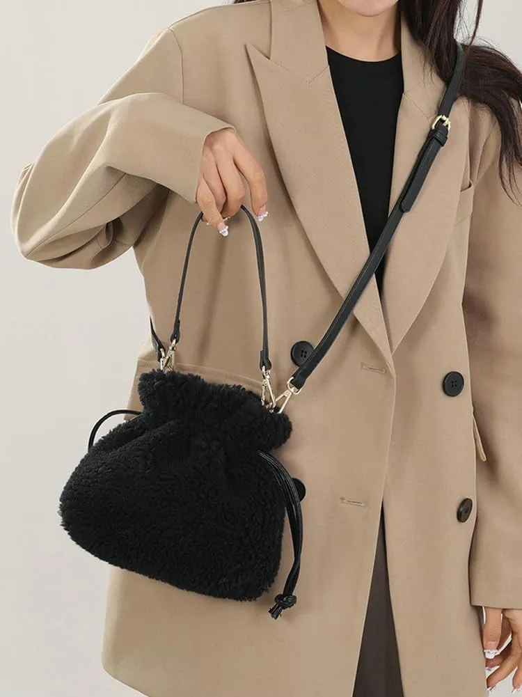 Fuzzy Plush Purse for Women Trendy Bucket Handbag Small Shoulder Crossbody Totes Cute Evening Bag with Drawstring