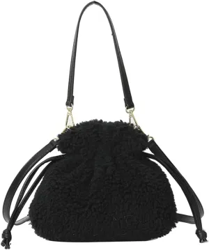 Fuzzy Plush Purse for Women Trendy Bucket Handbag Small Shoulder Crossbody Totes Cute Evening Bag with Drawstring