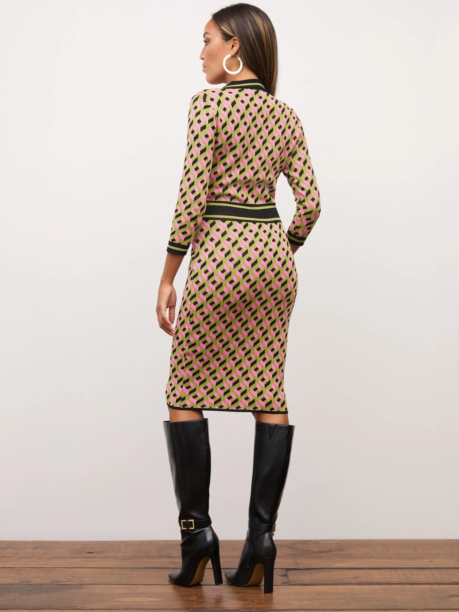 Geometric-Print Sheath Sweater Dress