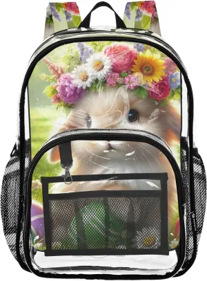 Girls Backpack for Kids Spring Bunny Flower Crown Clear Backpack Women Cute Approved Plastic Bag Large
