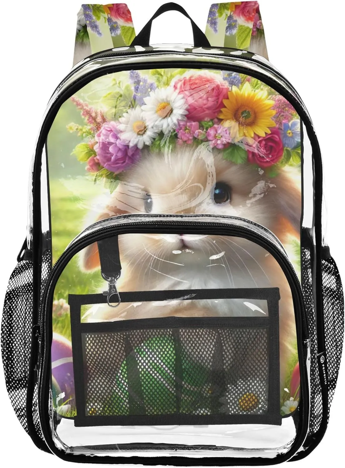 Girls Backpack for Kids Spring Bunny Flower Crown Clear Backpack Women Cute Approved Plastic Bag Large