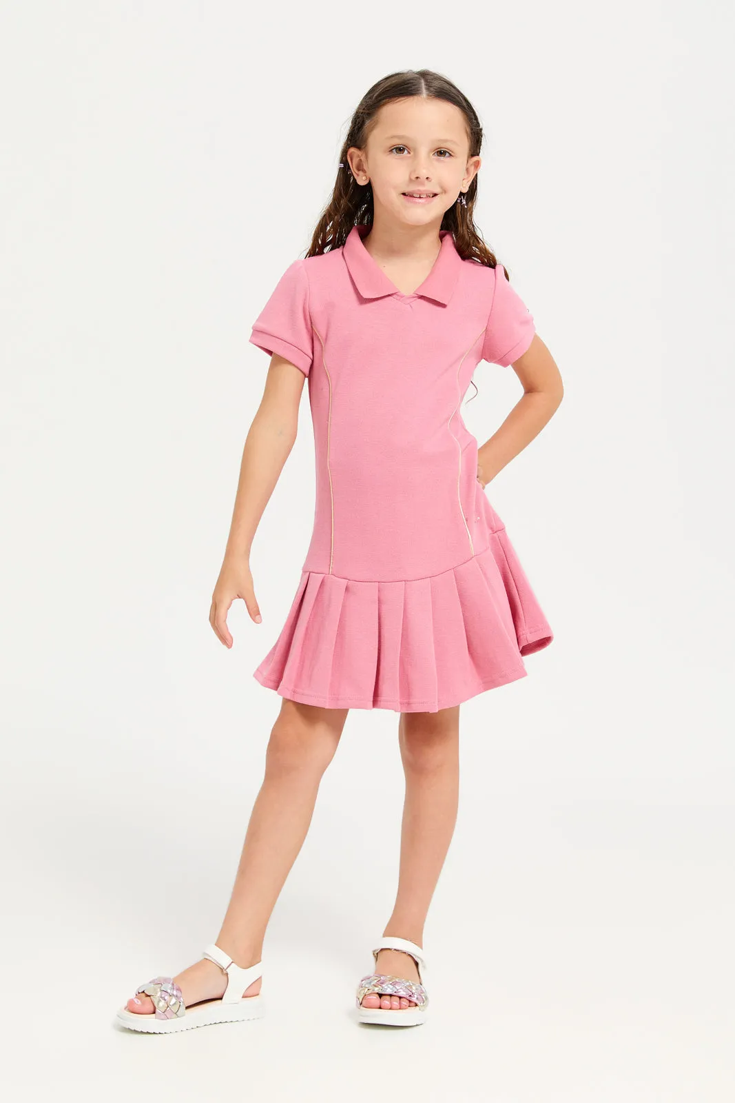 Girls Pink Polo Collar Active Dress