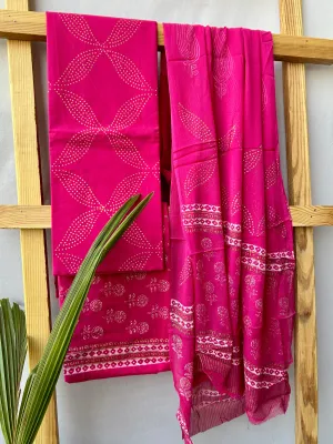 Gold Print Hand BlockPrinted Cotton Dress Material with Chiffon Dupatta *